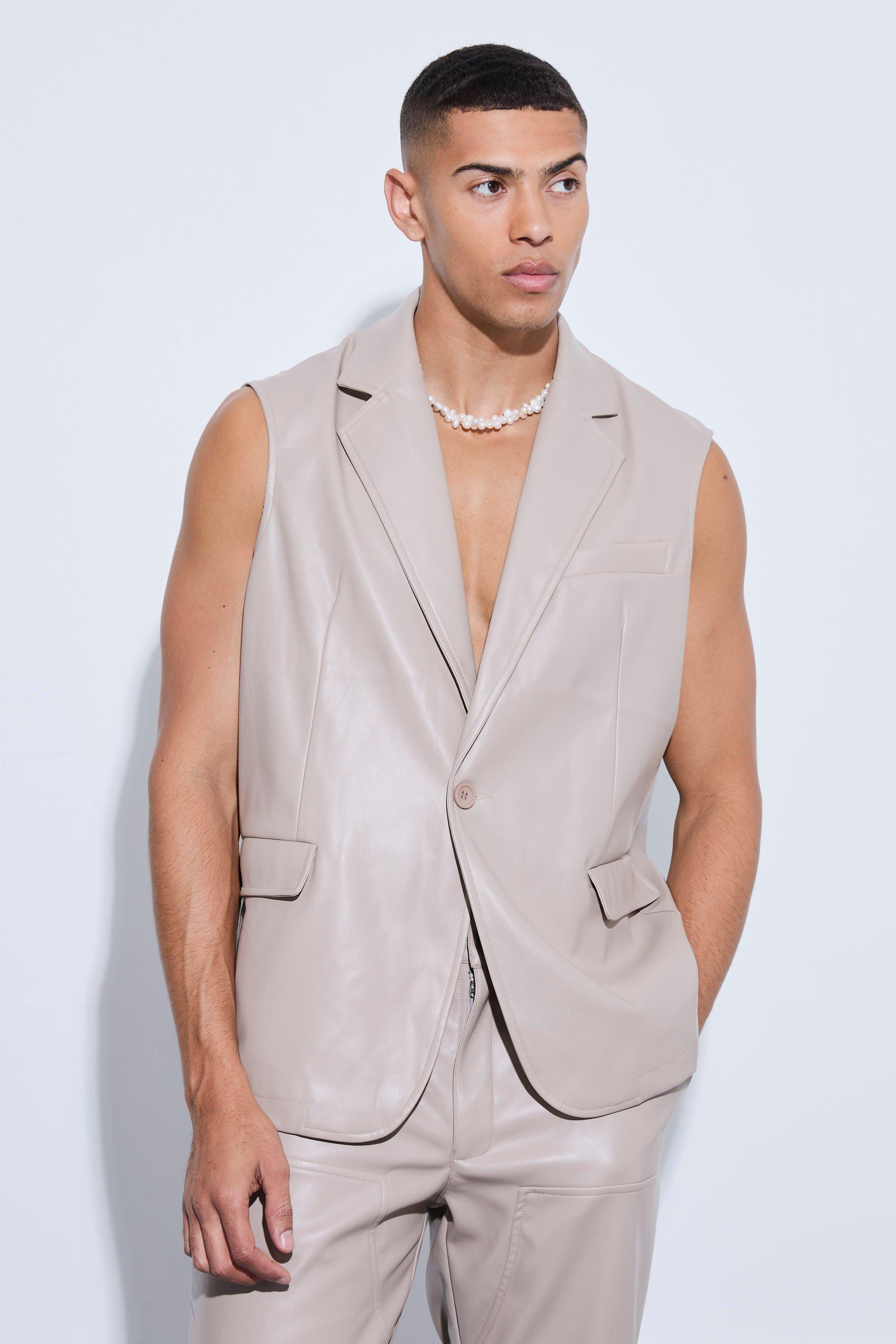 Stone Sleeveless Pu Single Breasted Suit Jacket