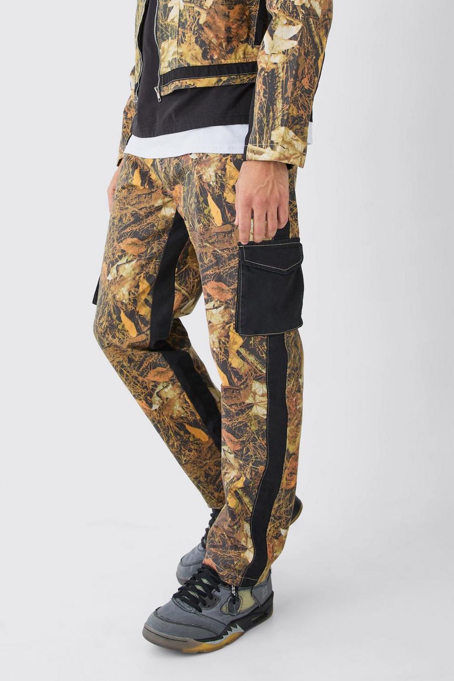Pantalon droit taille fixe à imprimé camouflage, Khaki