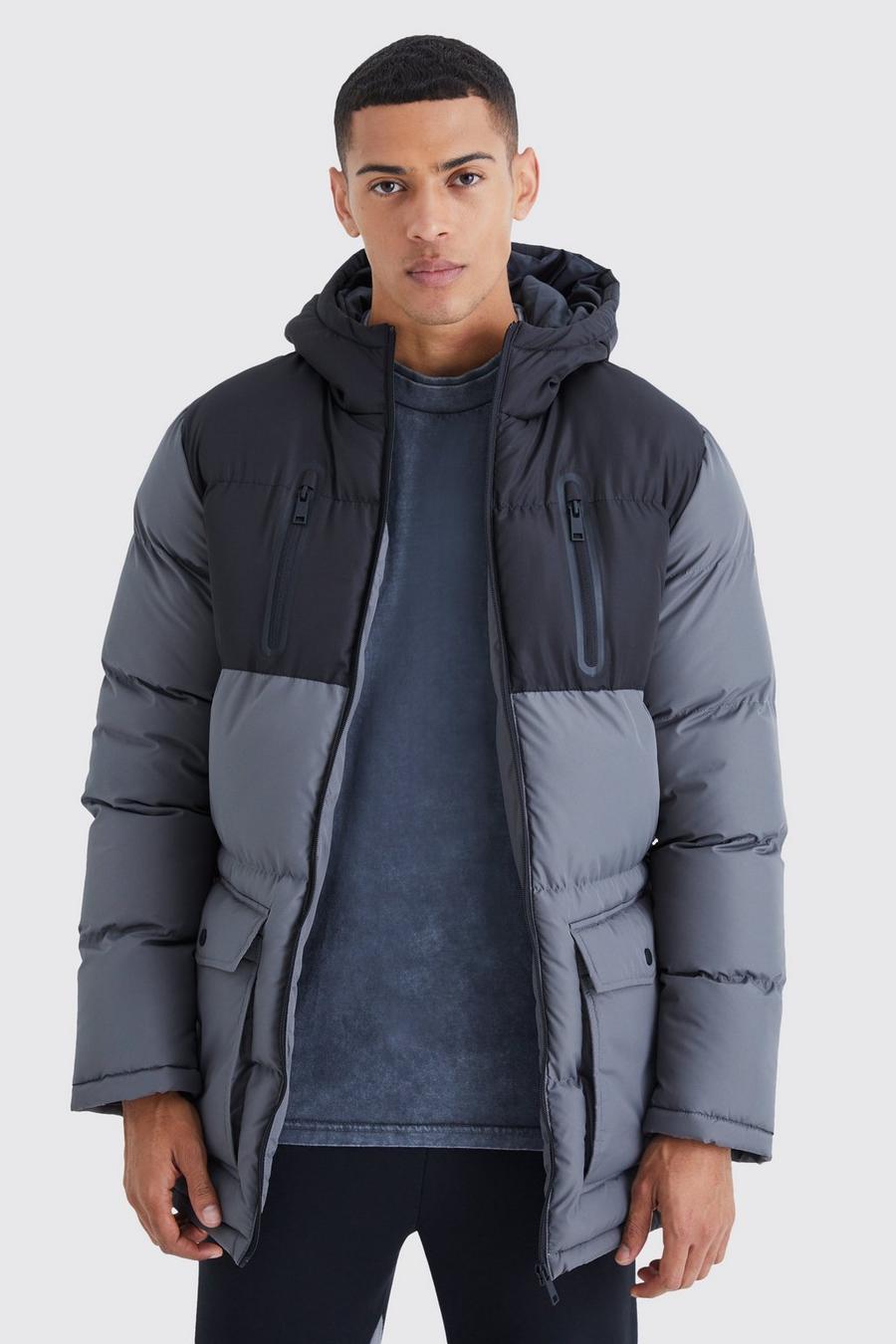 Charcoal Colour Block Hooded Puffer Parka image number 1