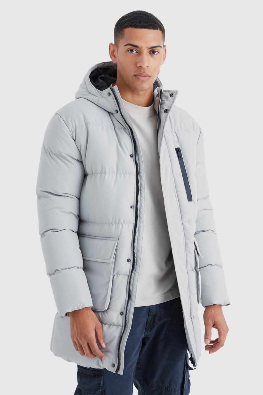 Light grey Longline Hooded Puffer With Pockets image number 1