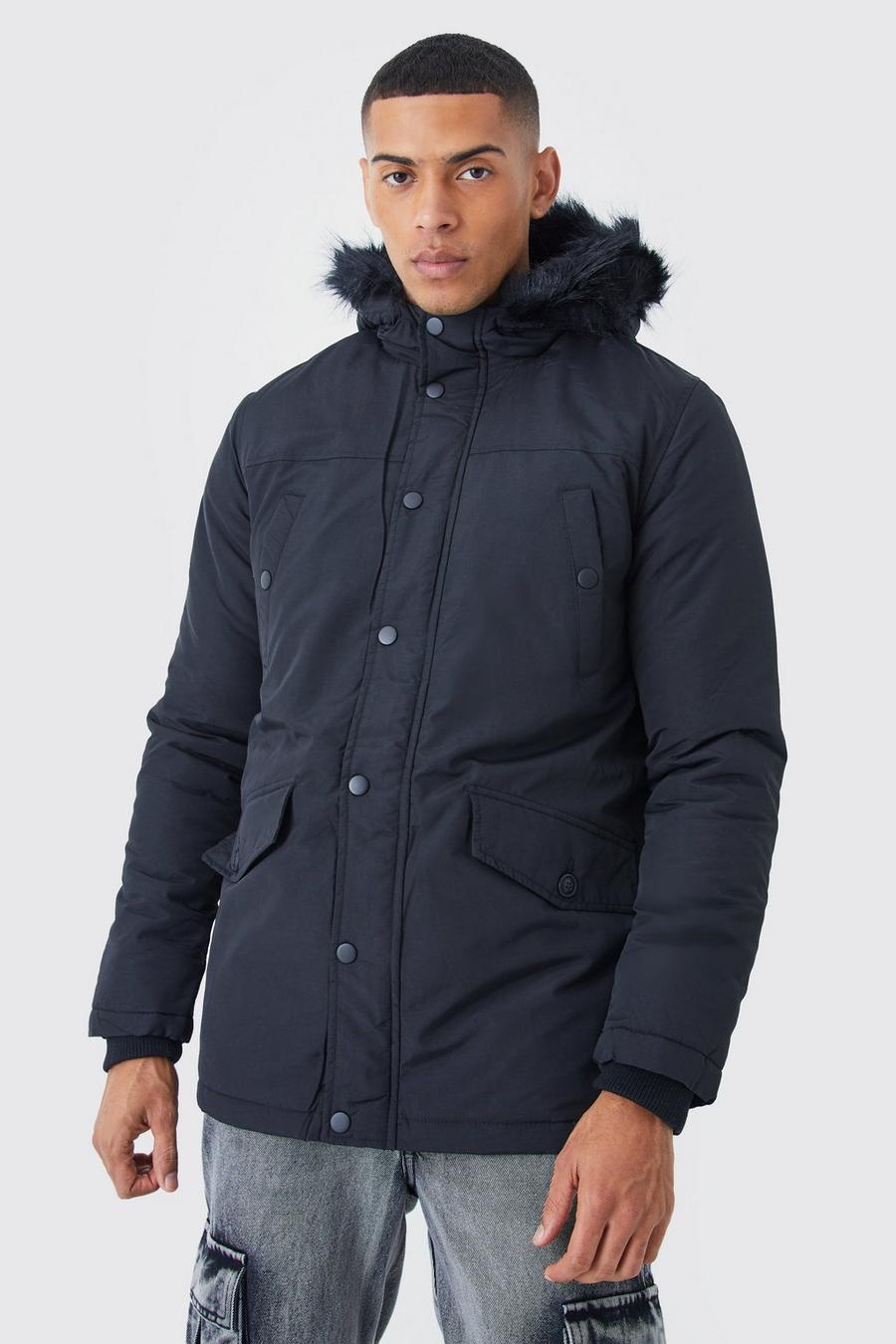 Black negro Hooded Parka With Faux Fur Trim Hood