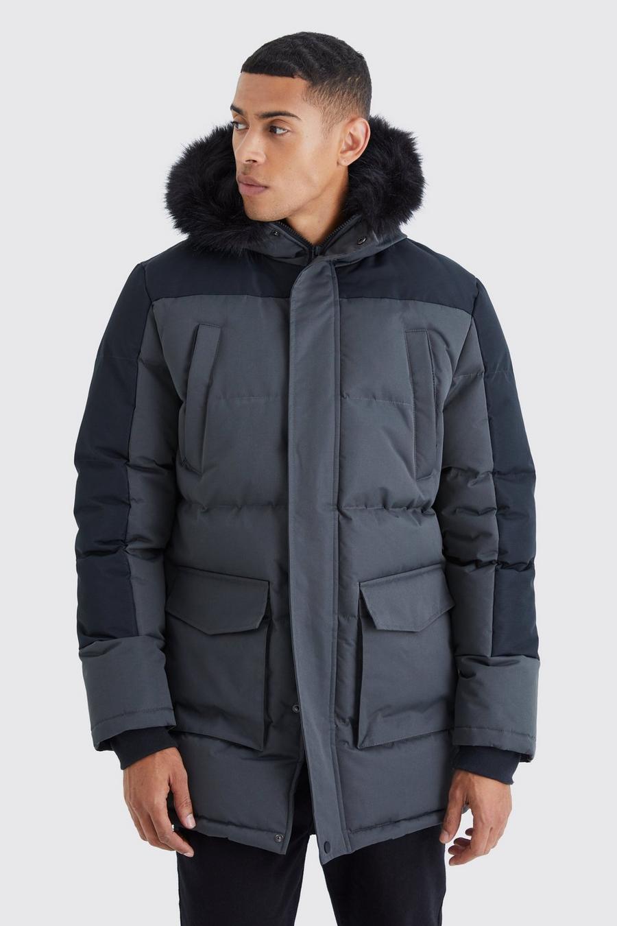 Charcoal grigio Colour Block Hooded Puffer Parka