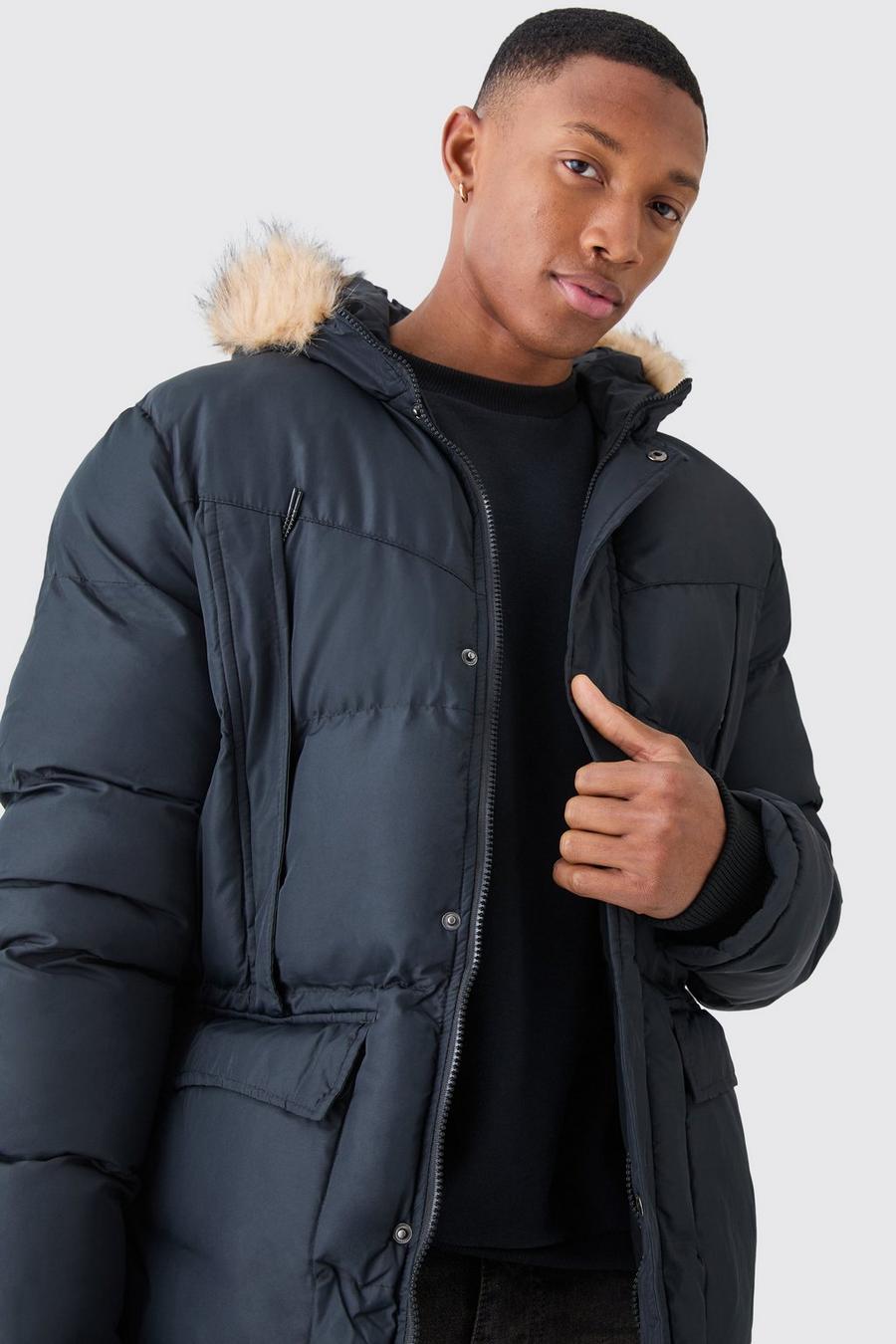 Black negro Hooded Puffer Parka With Faux Fur Trim Hood