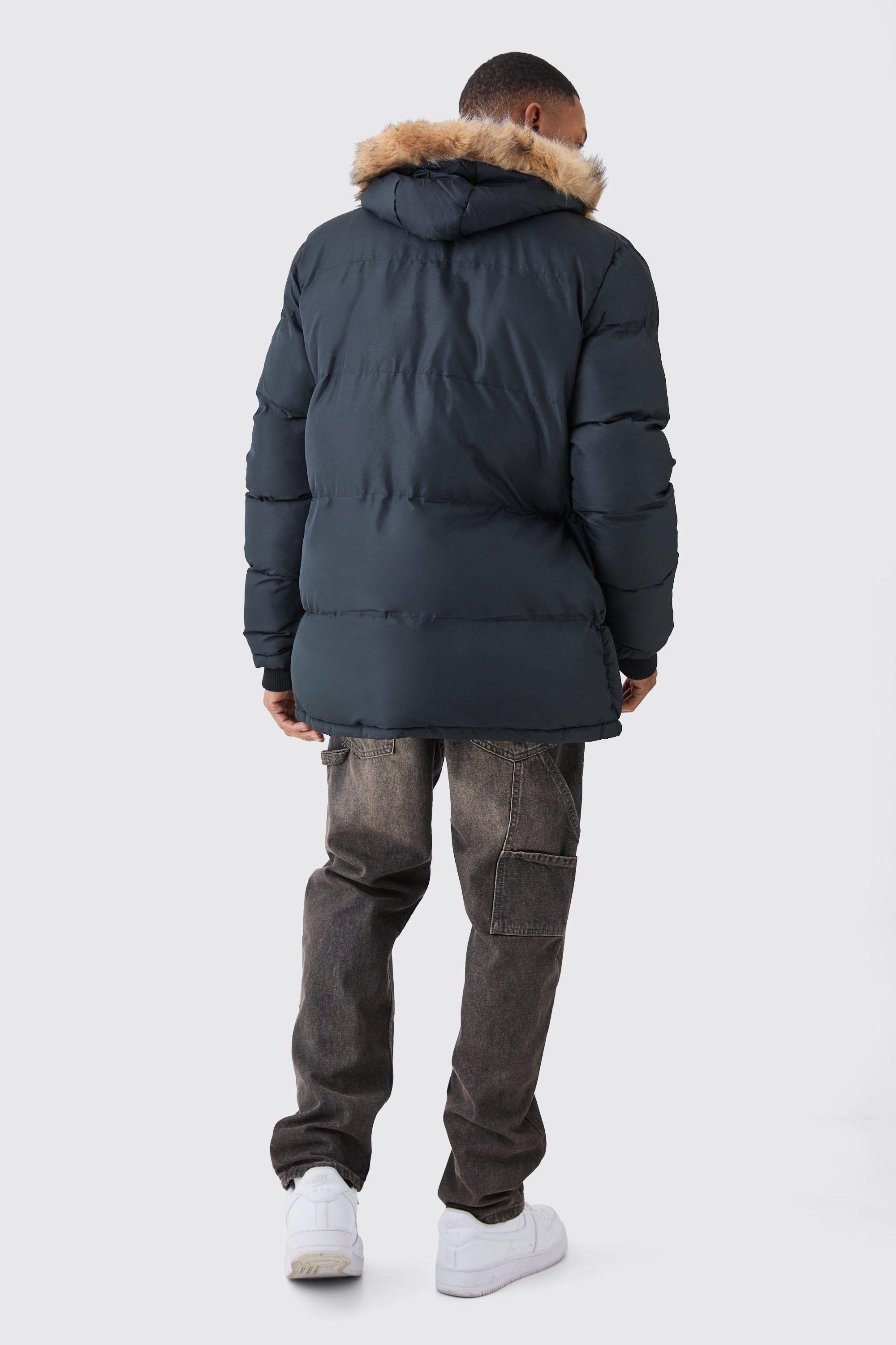 Men's hooded puffer jacket with faux fur on sale trim