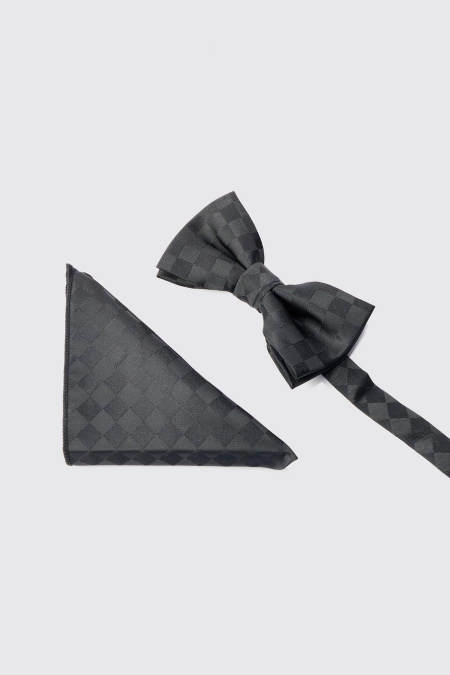 Black Tonal Checkerboard Pocket Square & Bow Tie Set image number 1