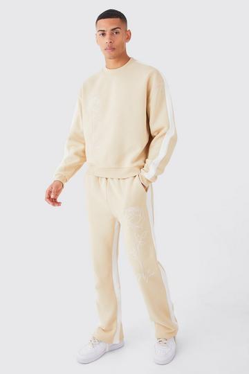 Stone Beige Man Rose Print Gusset Sweatshirt Tracksuit