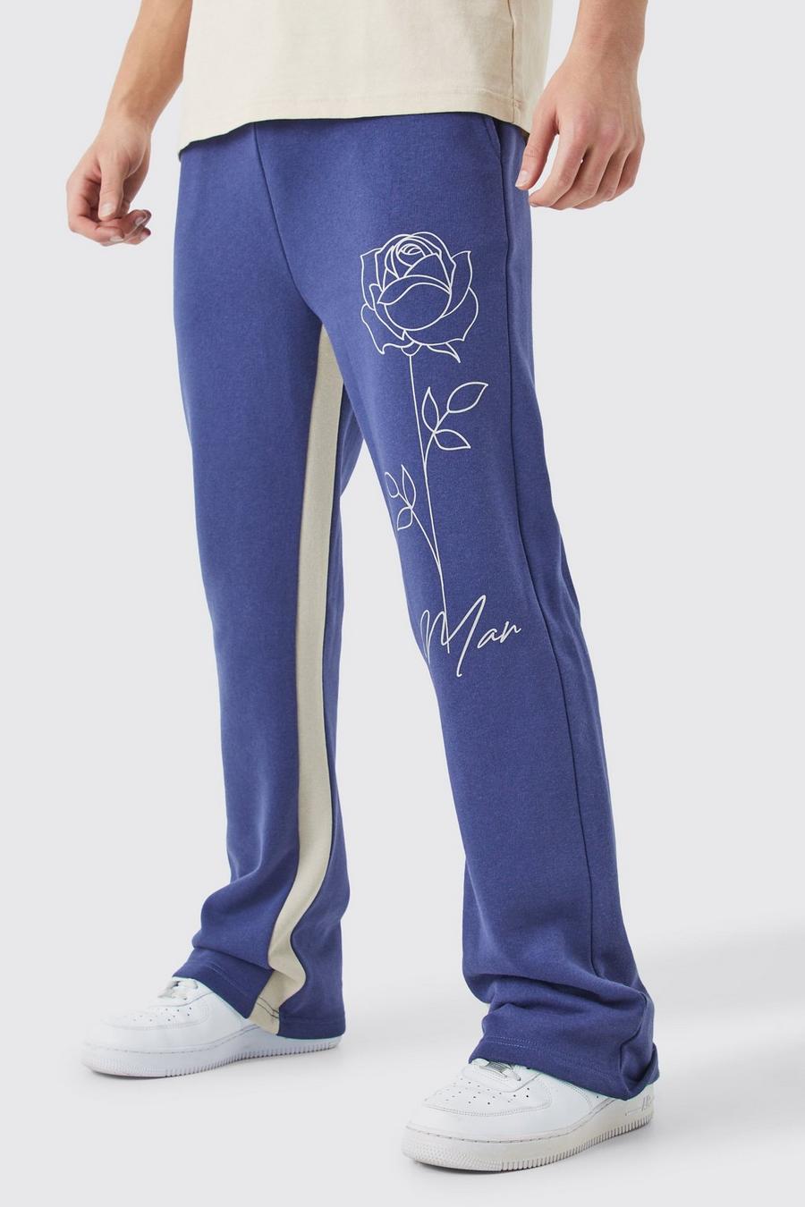 Slate blue Man Rose Print Gusset Sweatpants