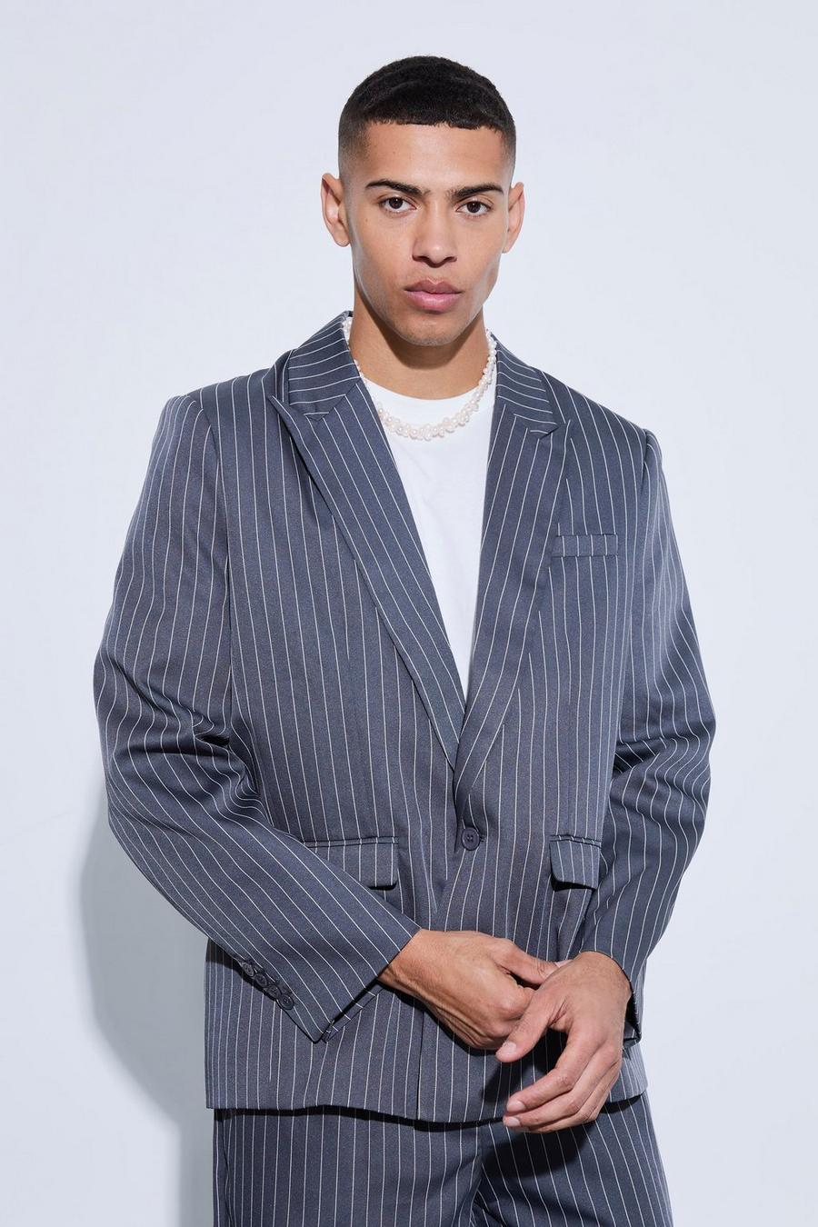 Charcoal Pinstripe Oversized Fit Suit Jacket image number 1