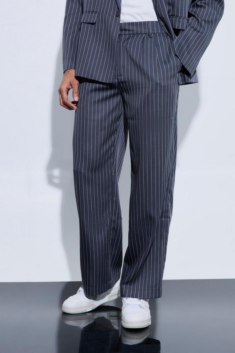 Charcoal Pinstripe Relaxed Wide Leg Suit Trousers image number 1