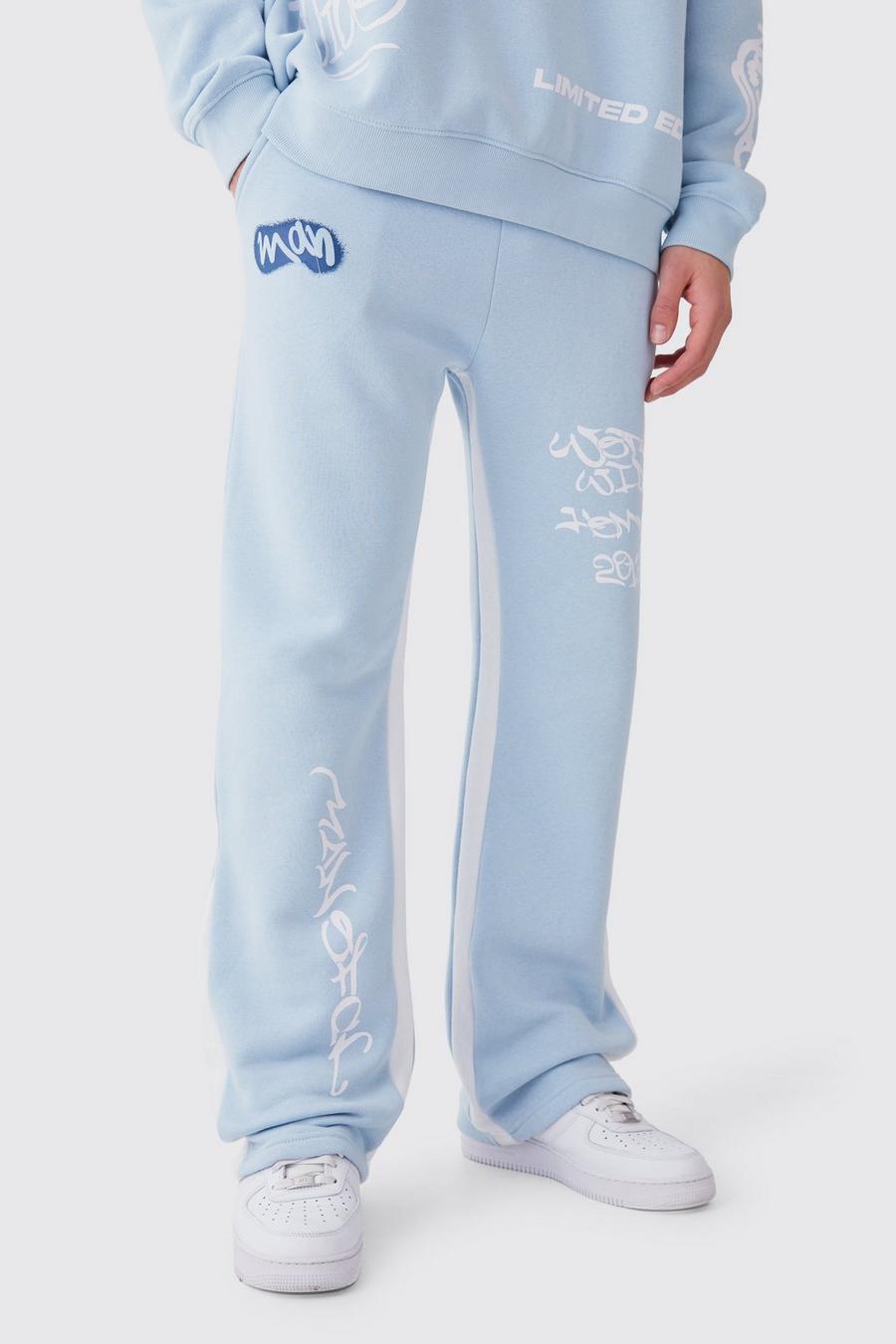 Pantalón deportivo oversize con grafiti y refuerzos en contraste, Light blue image number 1