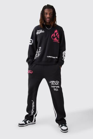 Oversized Graffiti Contrast Gusset Tracksuit black