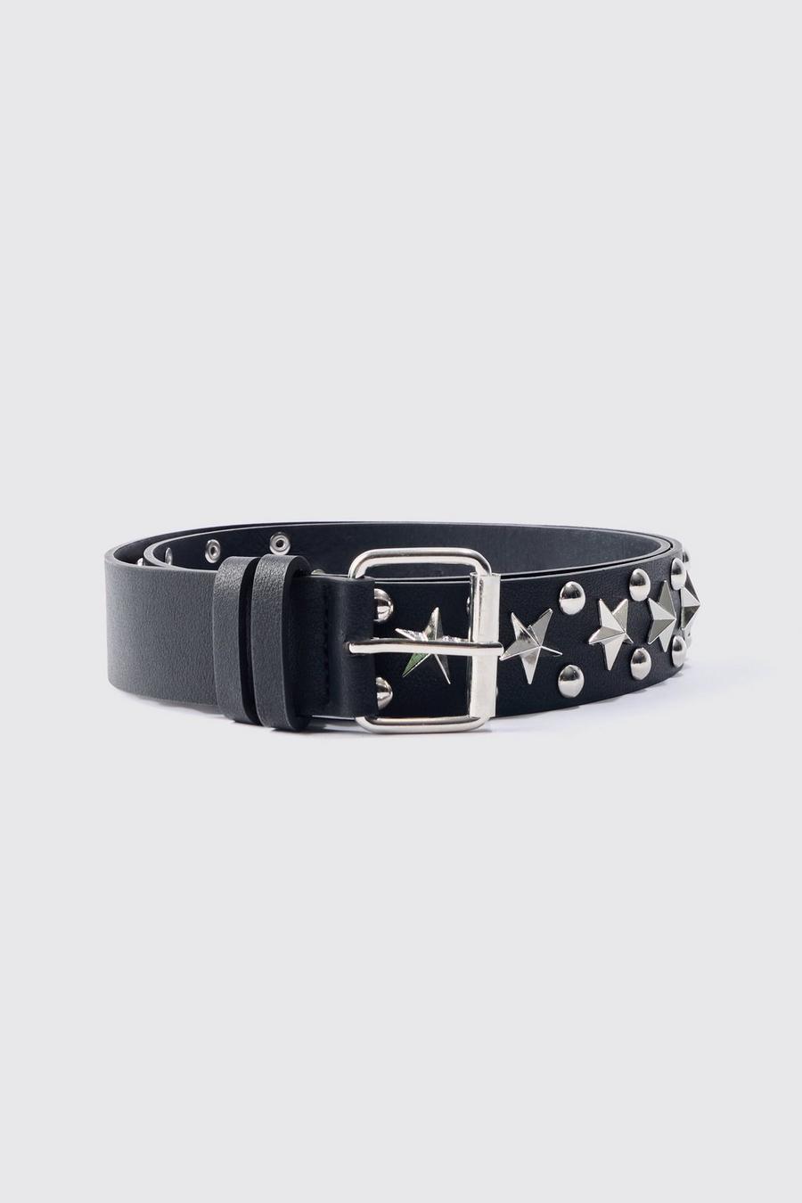 Cintura con fibbia color argento e borchie a stella, Black image number 1