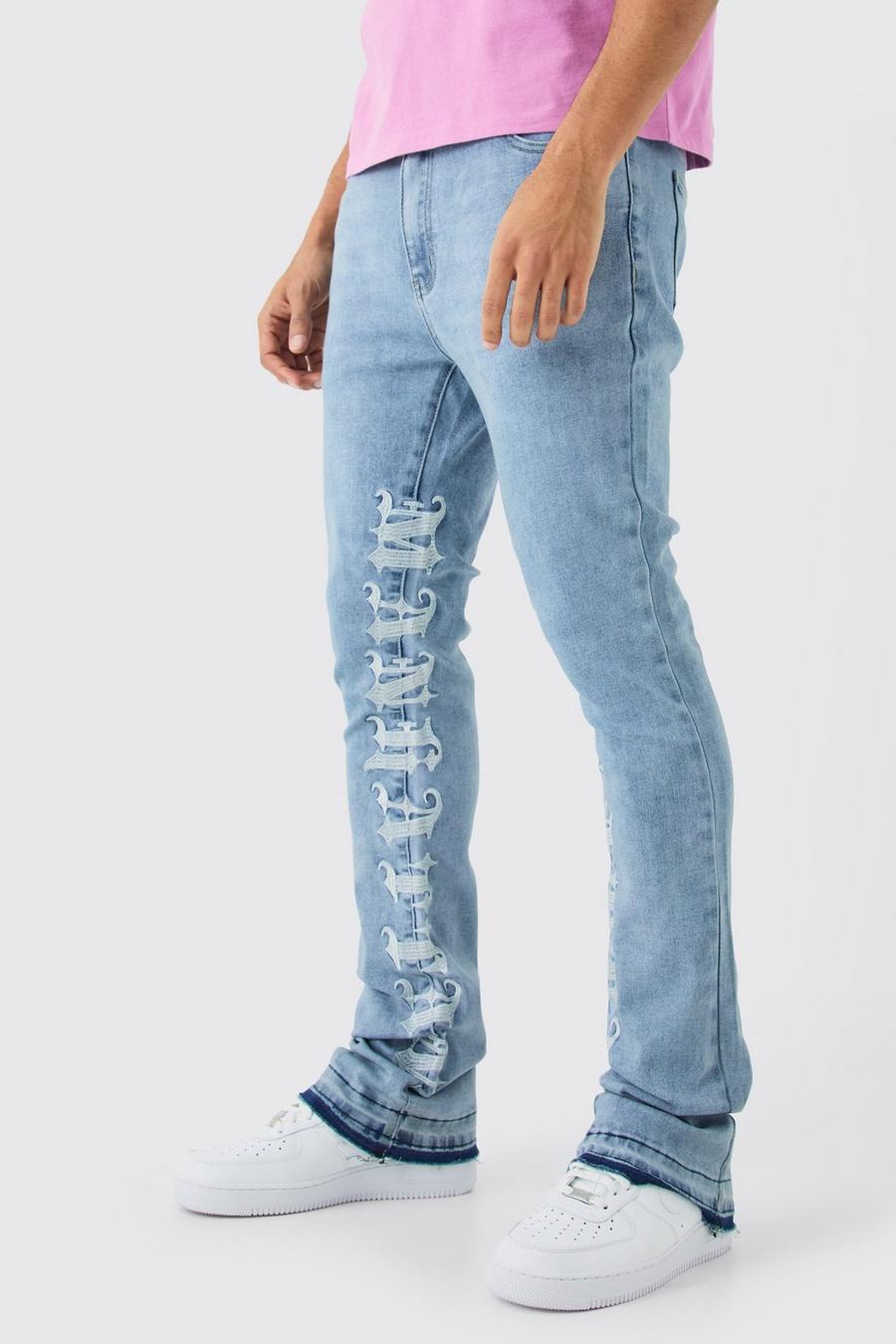 Jeans Skinny Fit in Stretch con inserti, ricami e pieghe sul fondo, Antique blue