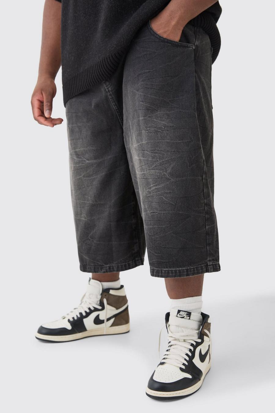 Plus Long Line Denim Jorts In Washed Black