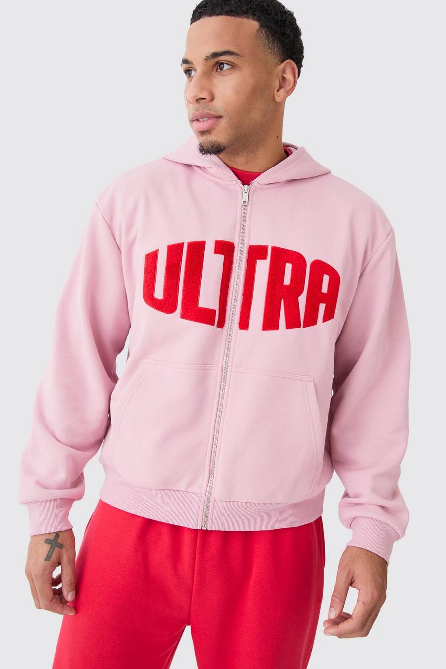Light pink Oversize hoodie med dragkedja och applikation i teddy