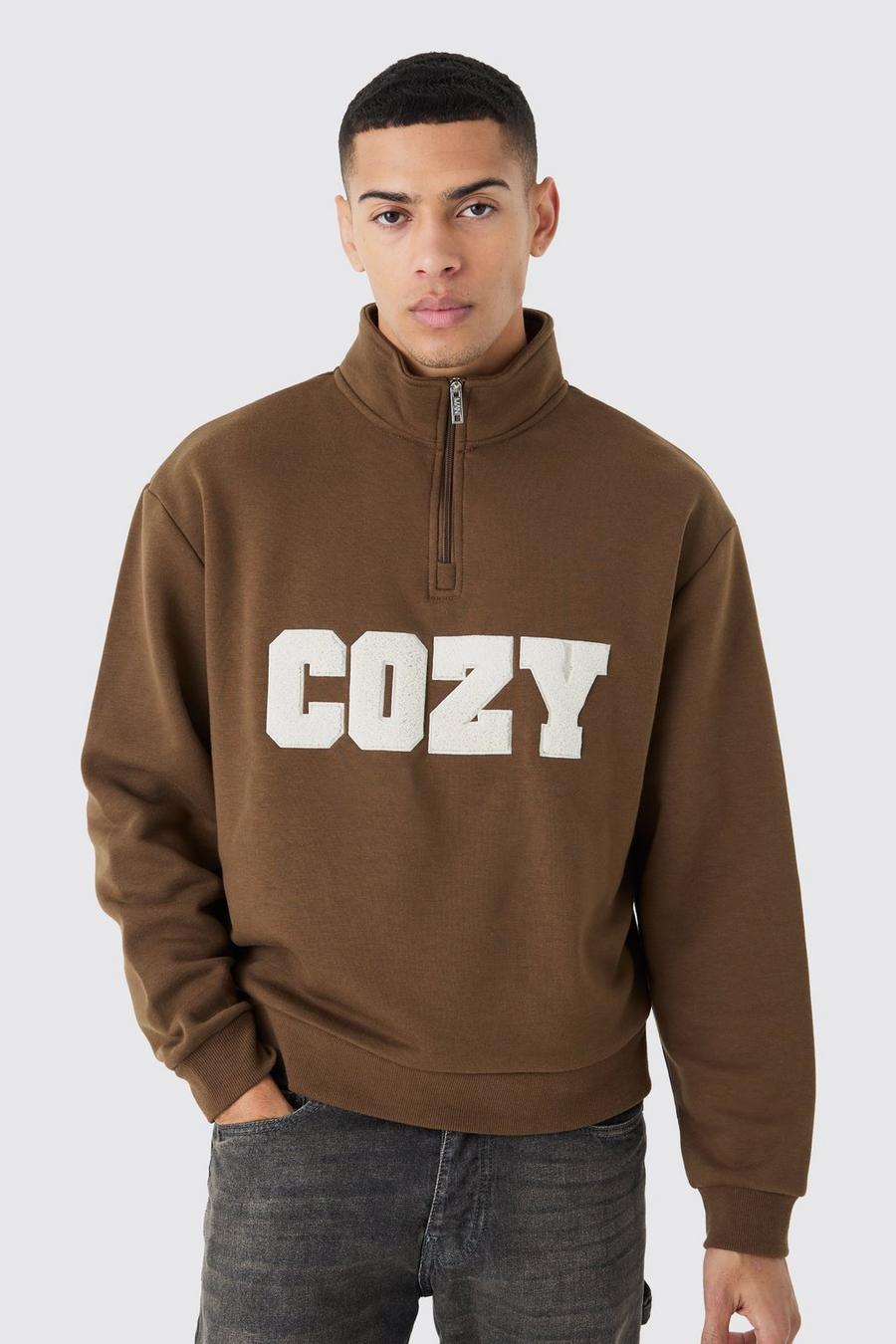 Kastiges Oversize Sweatshirt mit 1/4 Reißverschluss und Borg-Applikation, Chocolate