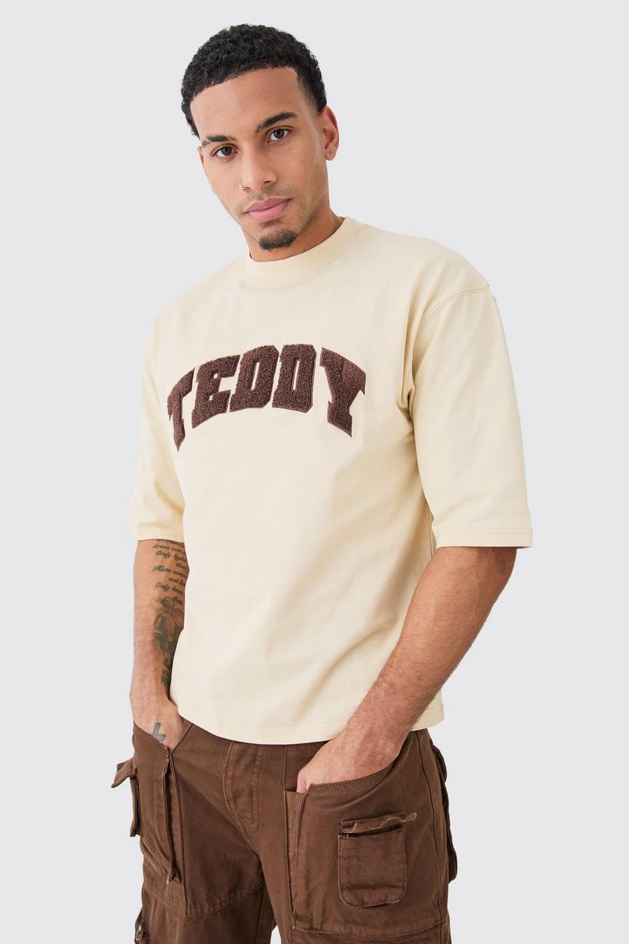 Tan Boxy Half Sleeve Borg Applique T-shirt image number 1