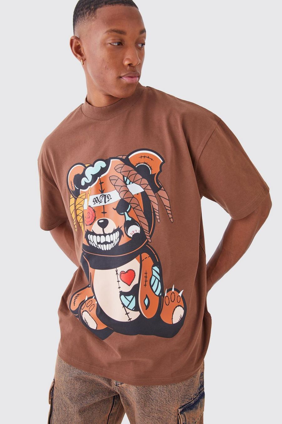 Chocolate Oversized Angry Teddy T-Shirt Met Brede Nek image number 1