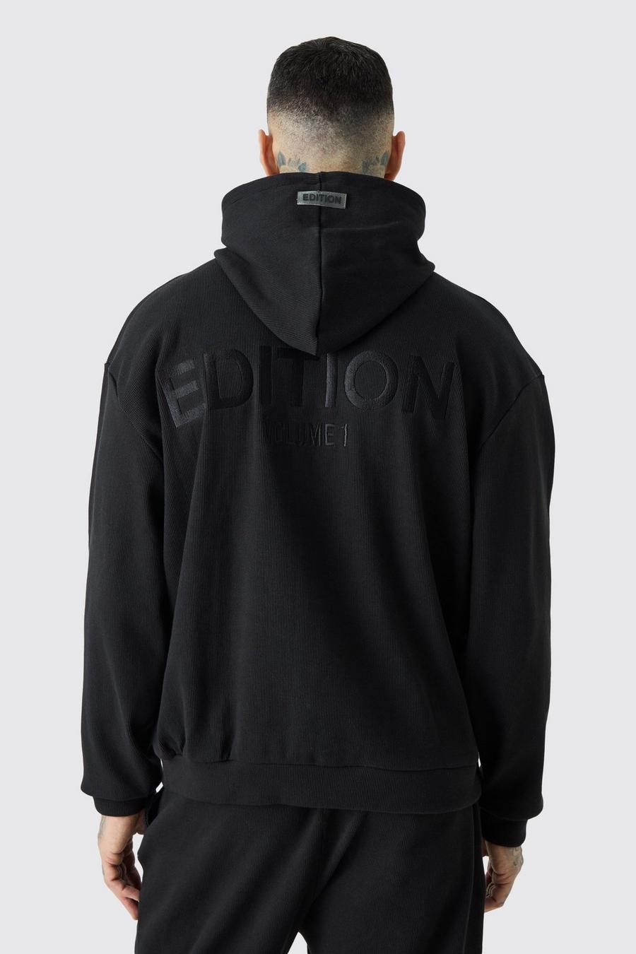 Tall gerippter Oversize Hoodie mit Edition Print, Black image number 1