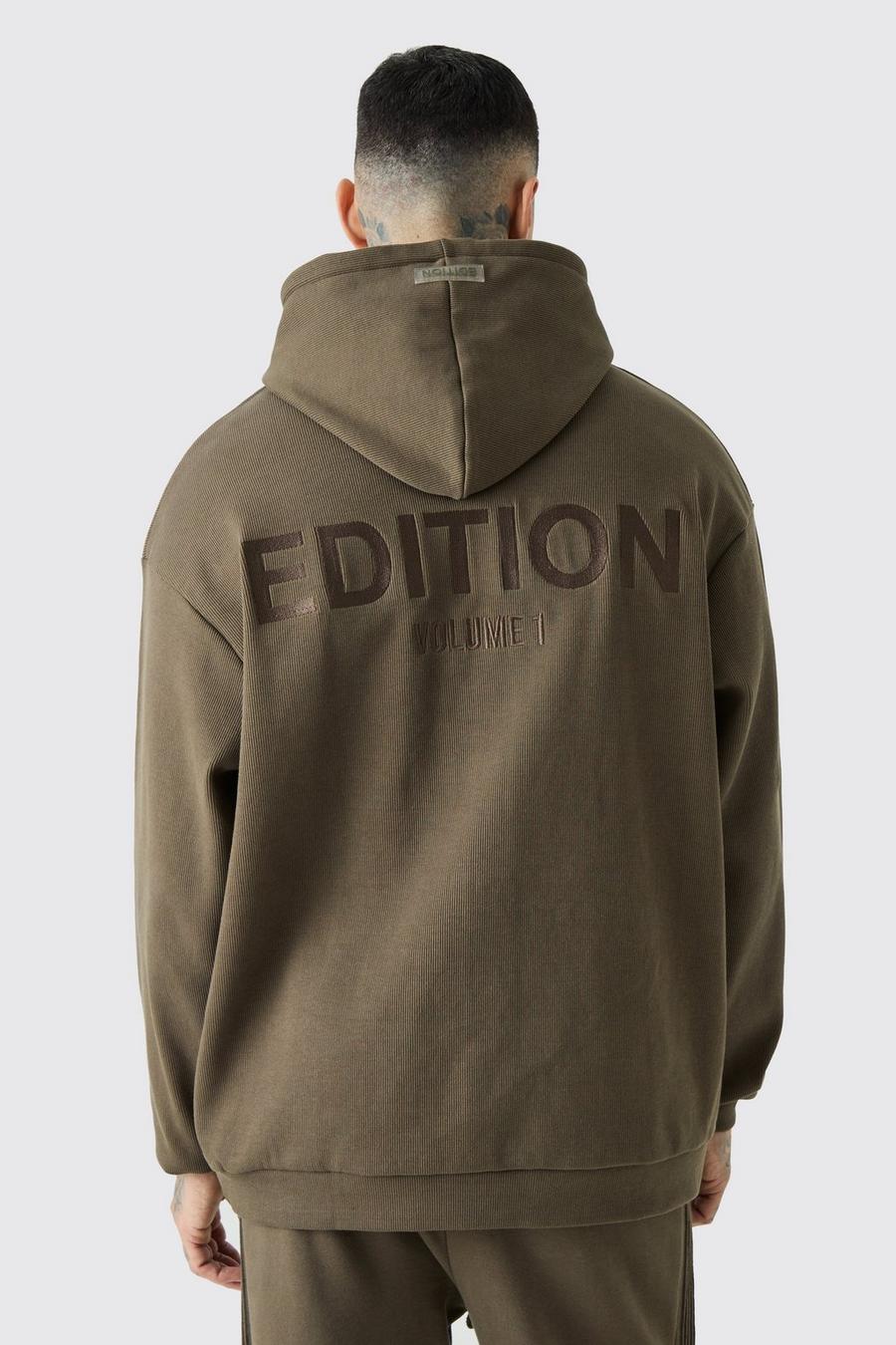 Tall gerippter Oversize Hoodie mit Edition Print, Chocolate image number 1