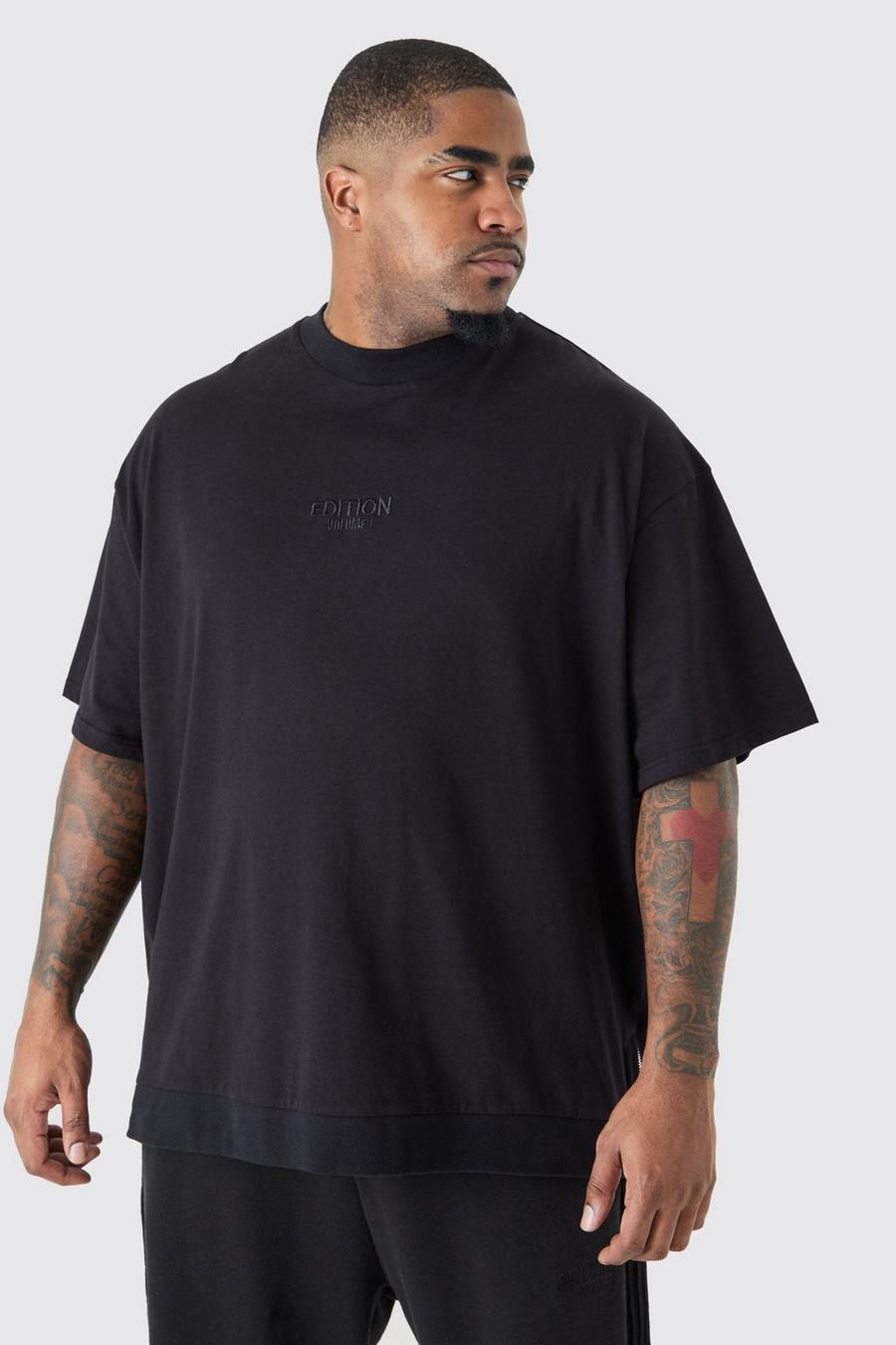 Camiseta Plus oversize gruesa con cremallera en el bajo y estampado EDITION, Black image number 1