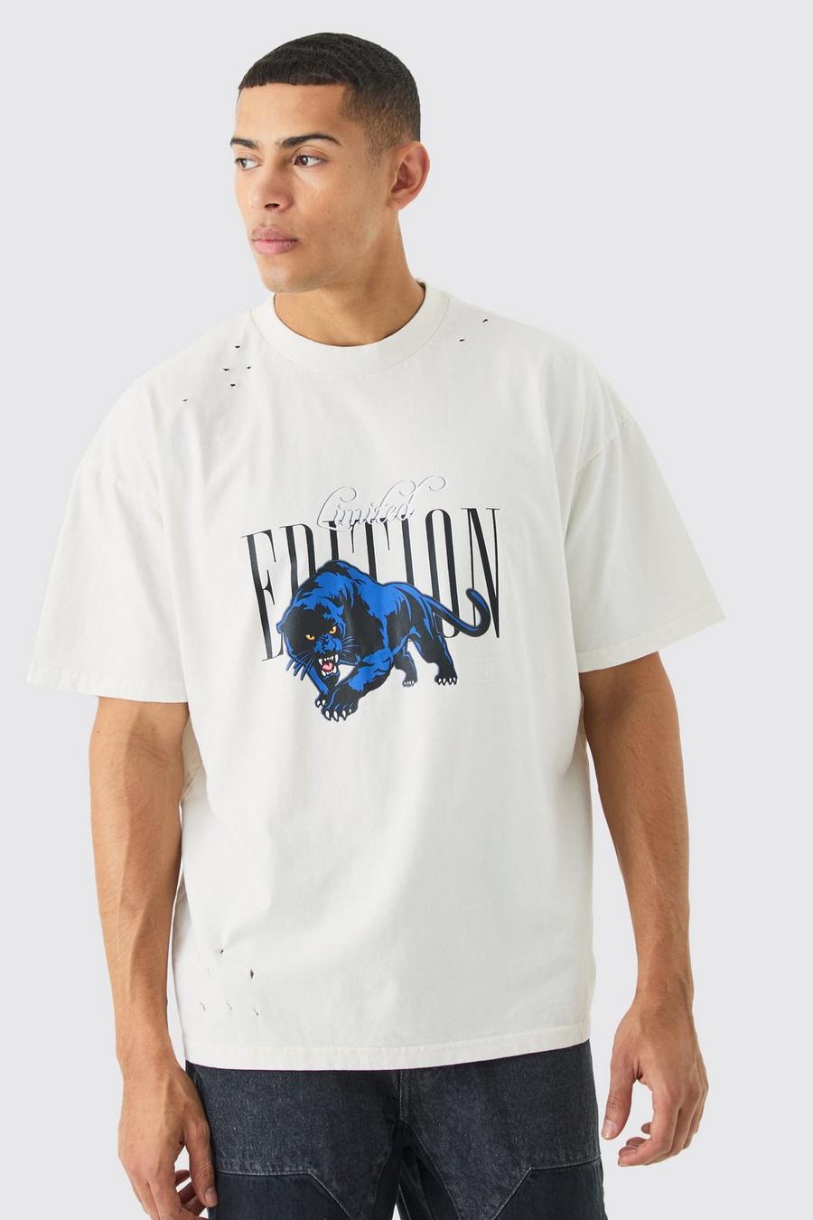 Ecru white Oversized Panther Limited Edition T-shirt