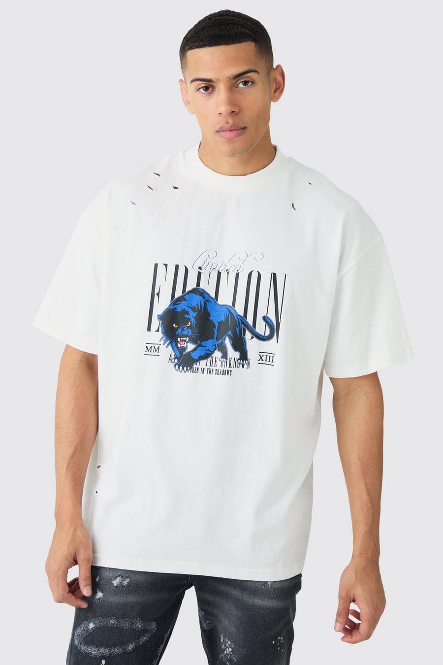 Camiseta oversize Limited Edition con estampado de pantera, White image number 1