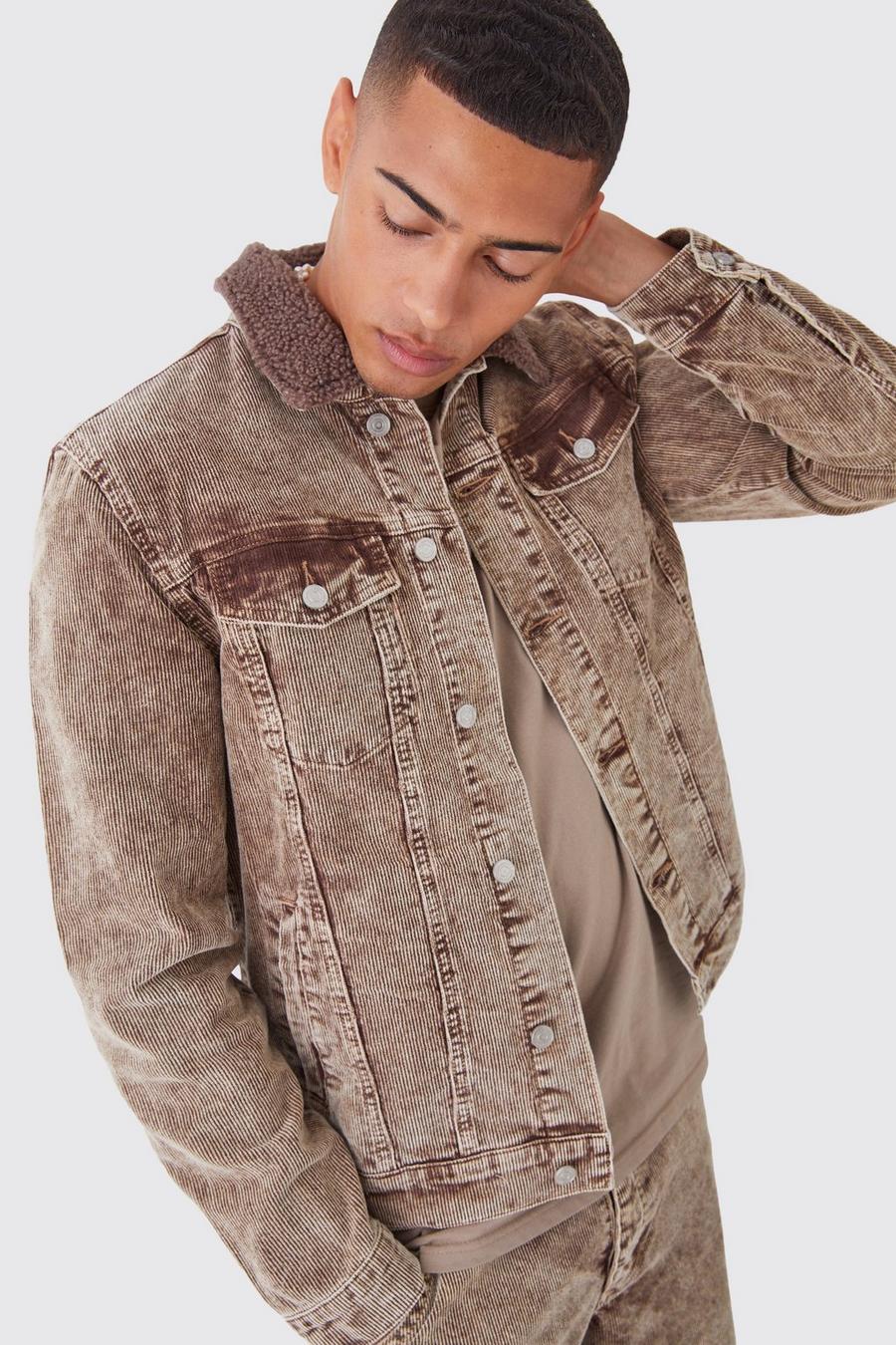 Acid Wash Cord Jacket With Borg Collar In Chocolate image number 1