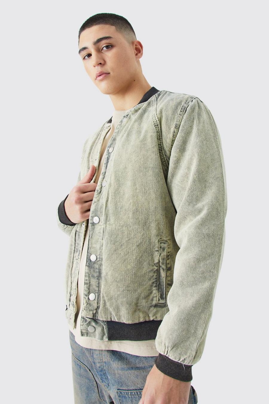 Cord Acid Wash Quilted Bomber Jacket In Khaki