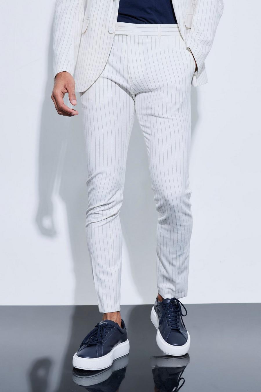 Beige Skinny Striped Suit Trousers image number 1