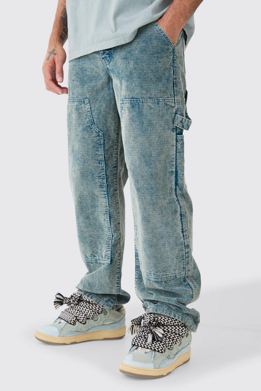 Baggy Carpenter Acid Wash Cord Trouser In Navy