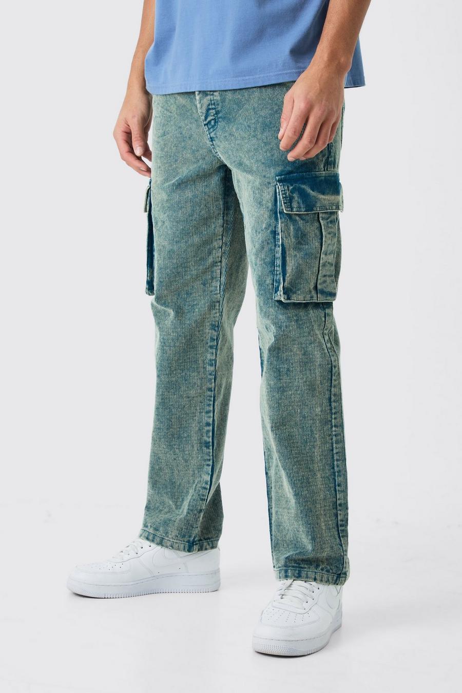 Pantalon cargo large délavé en velours côtelé, Navy