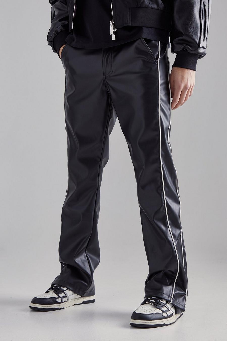 Pantalon flare skinny à rayures en simili, Black image number 1