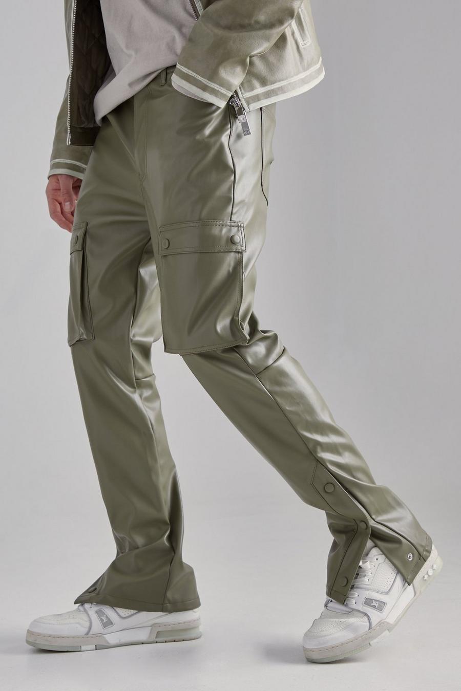 Pantaloni Cargo Skinny Fit in PU con bottoni a pressione sul fondo, Khaki
