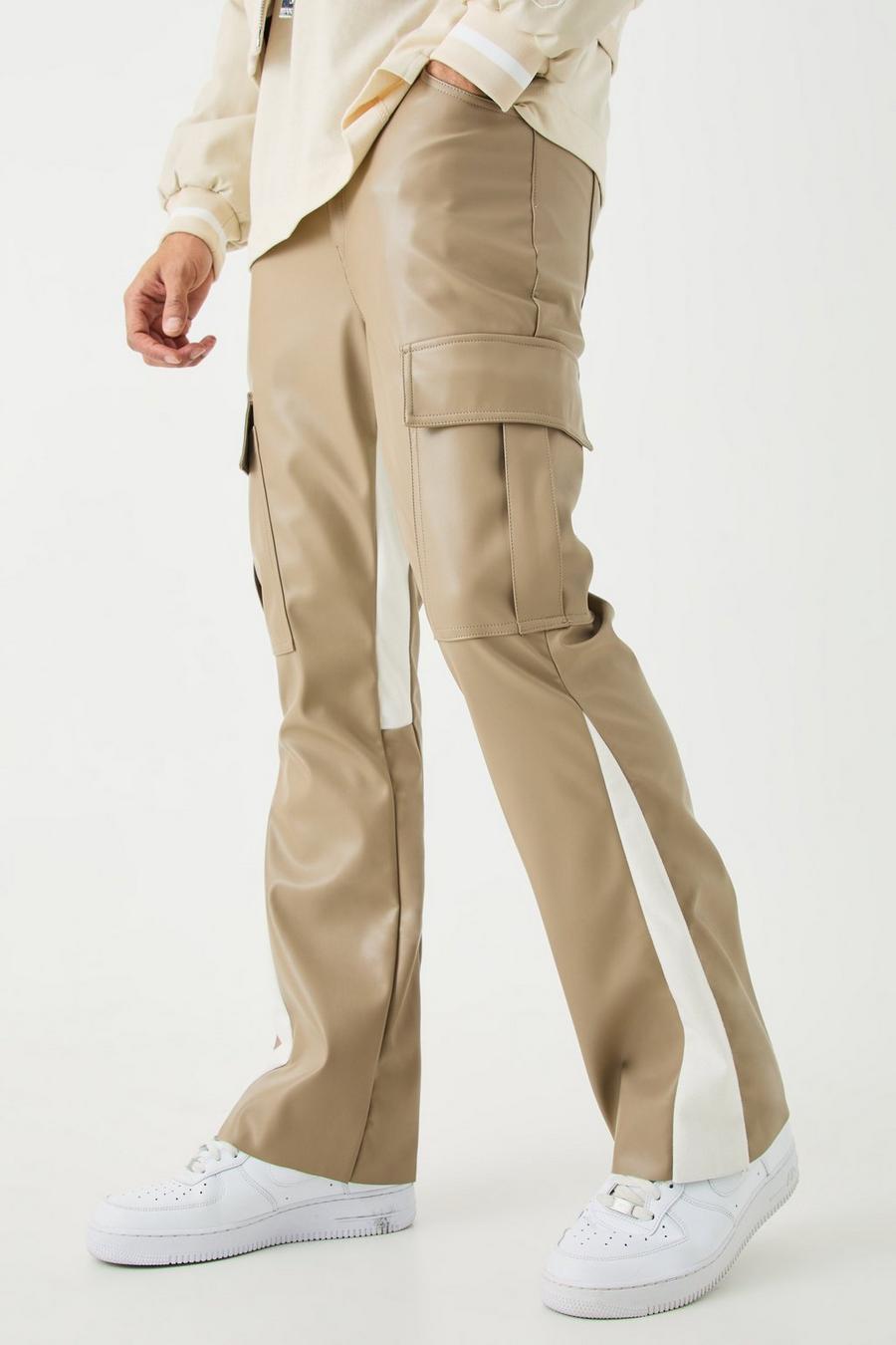 Taupe Pu Gusset Detail Cargo Flared Trousers image number 1