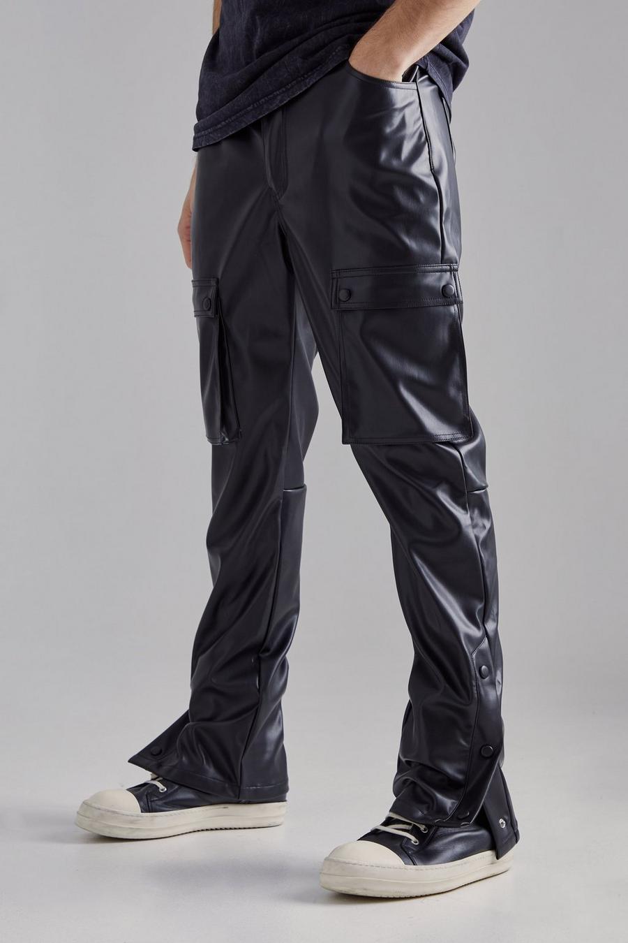 Black Pu Popper Hem Cargo Skinny Trousers image number 1