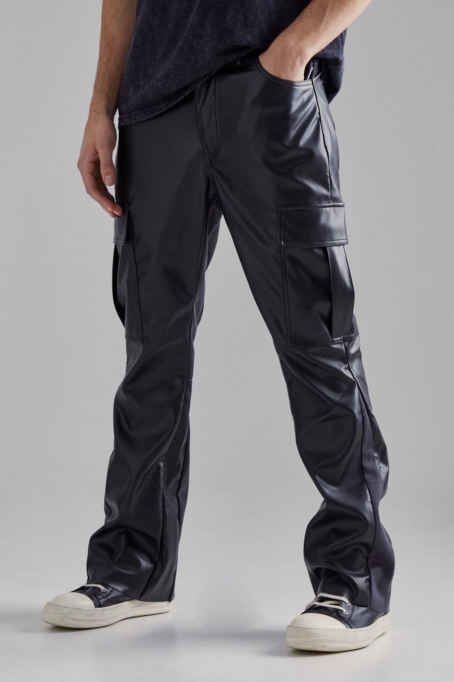 Black Pu Gusset Detail Cargo Flared Trousers image number 1