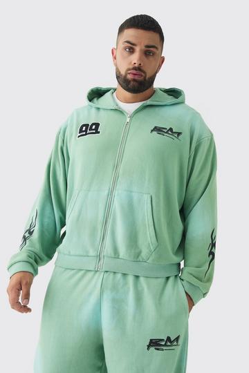 Plus Oversized Zip Thru Heavy Washed Applique Hoodie mint