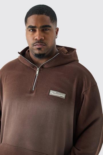 Plus Oversized 1/4 Zip Washed Loopback Hoodie chocolate