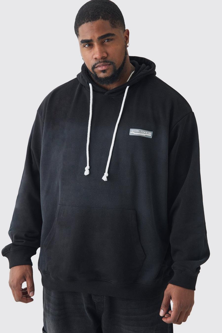 Grande taille - Sweat à capuche oversize délavé à écusson, Black