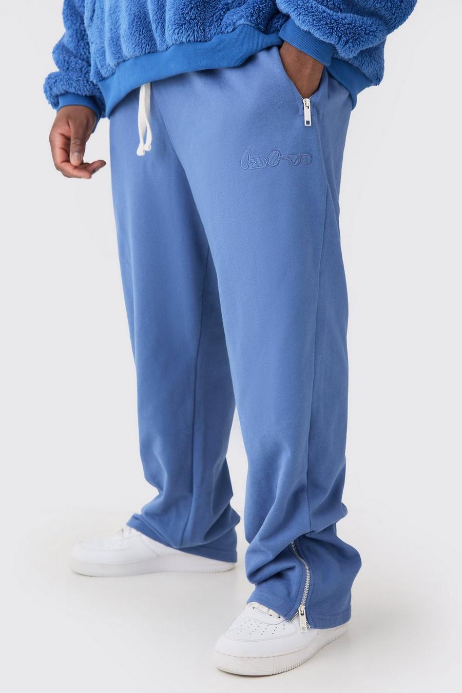 Pantaloni tuta Plus Size oversize a coste con rovescio a ricci e applique con zip, Blue image number 1