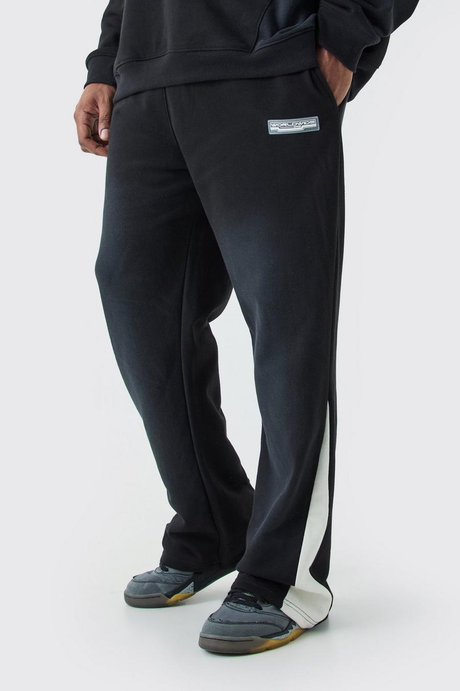Pantalón deportivo Plus Regular de tela rizo desteñida con refuerzos, Black
