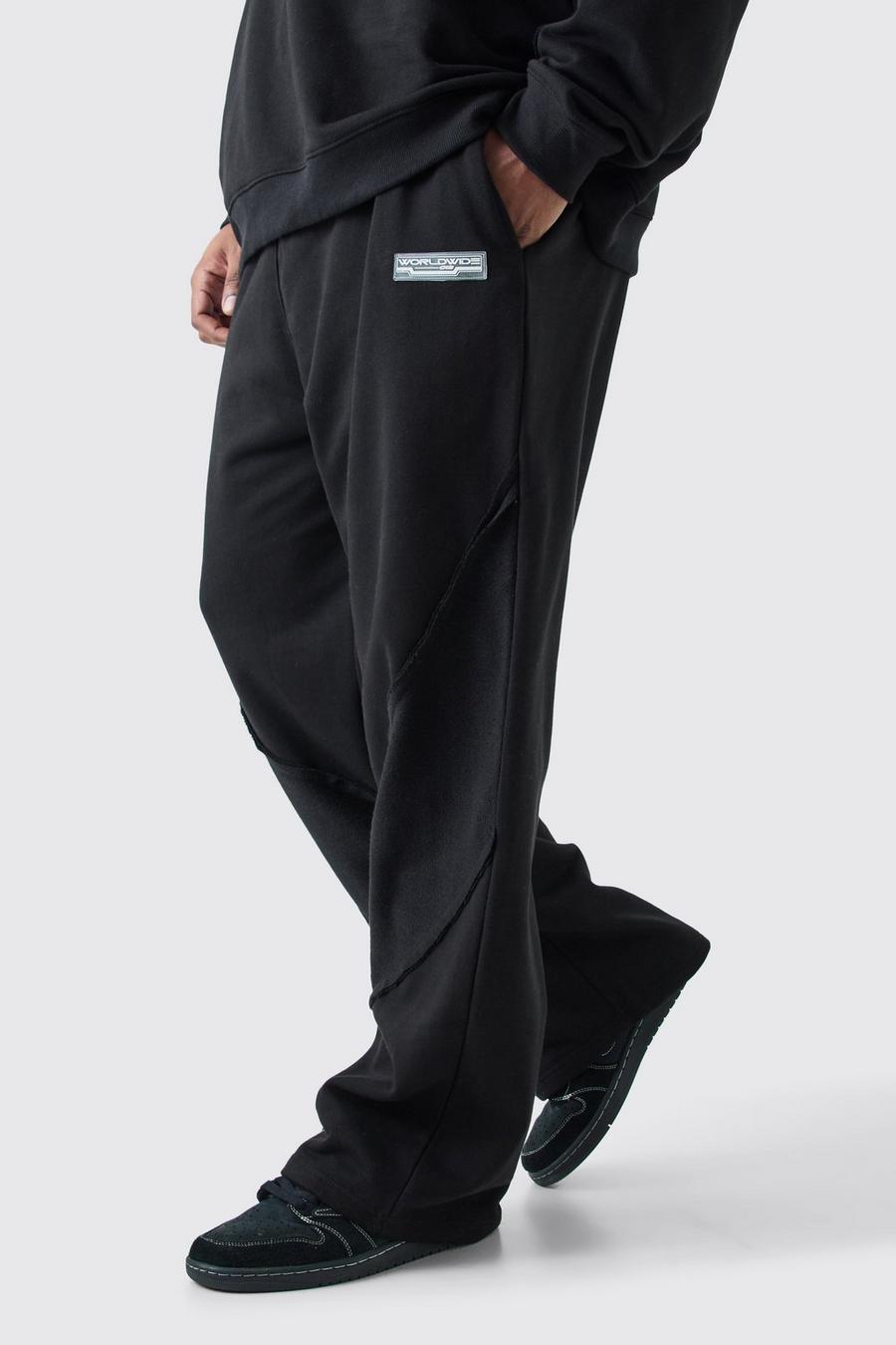 Pantalón deportivo Plus holgado con panel y bajo sin acabar, Black image number 1