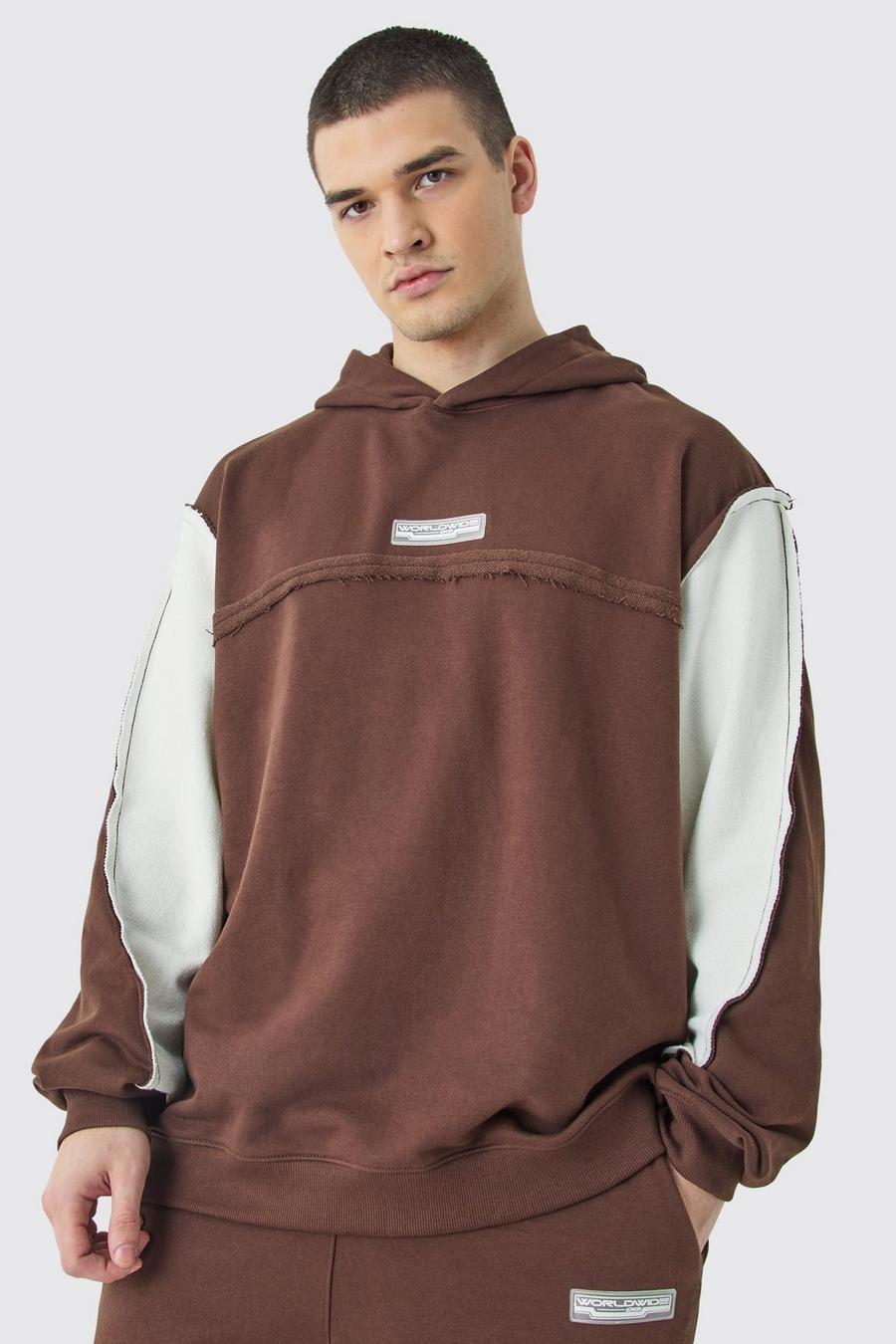 Chocolate Tall Oversize hoodie med paneler och rå kant image number 1