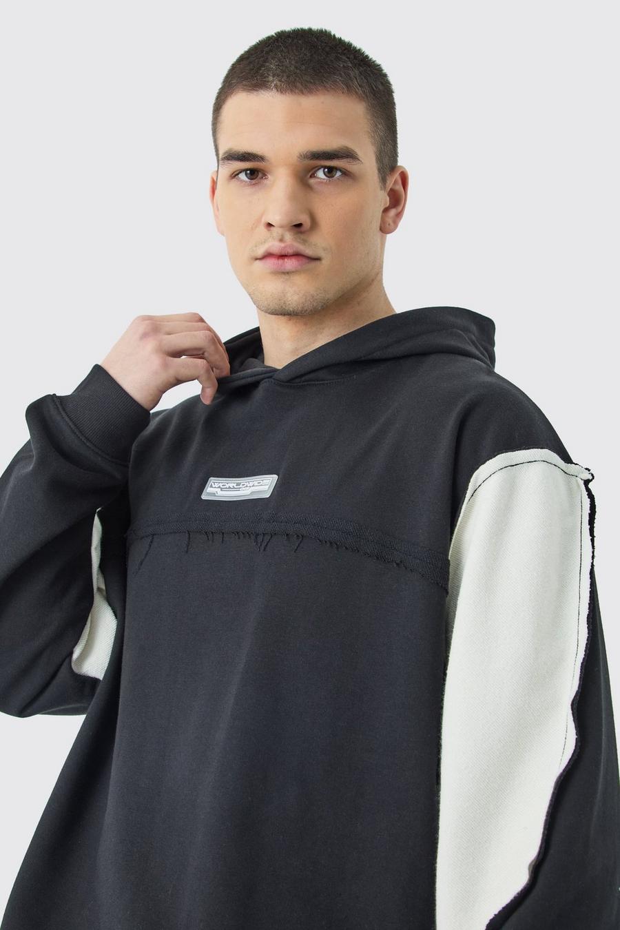 Black Tall Oversize hoodie med paneler och rå kant image number 1