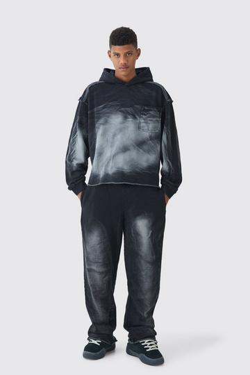 Black Tall Oversized Boxy Washed Applique Hooded Tracksuit