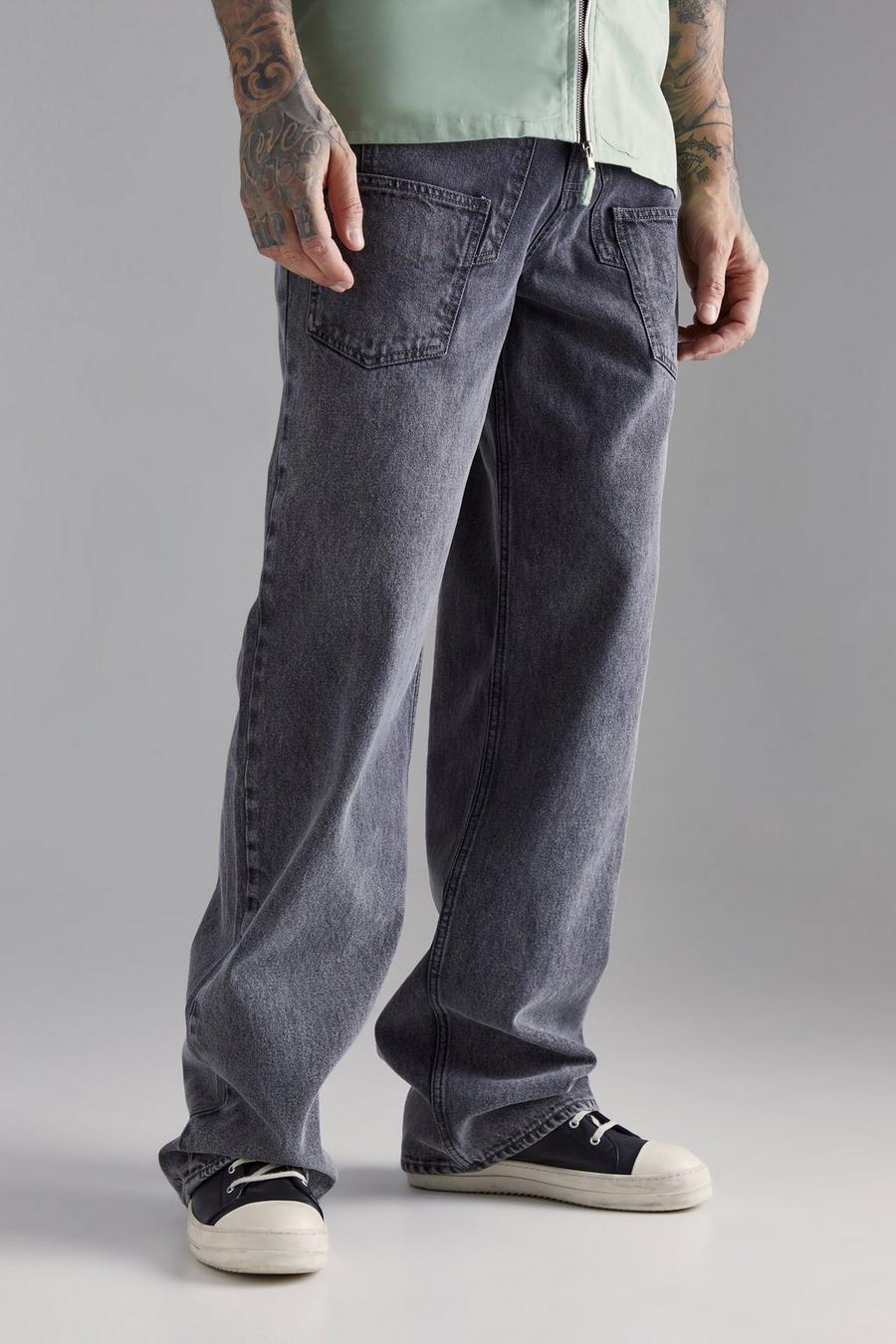 Charcoal Tall Baggy stentvättade jeans med kantband image number 1