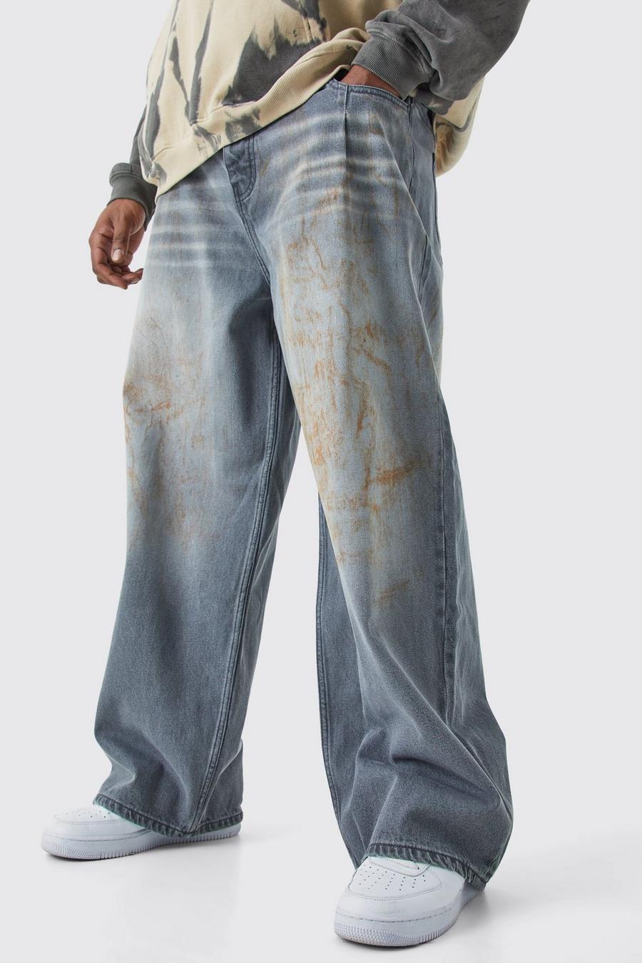 Light grey Plus Baggy Rigid Dirty Wash Jeans image number 1