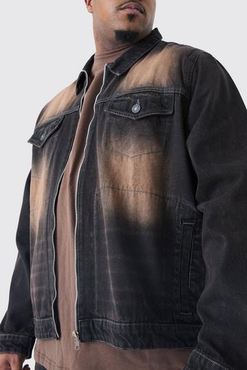 Plus Zip Through Washed Denim Jacket brown