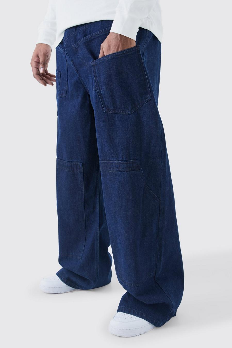 Indigo Plus Onbewerkte Baggy Utility Jeans Met Zakken